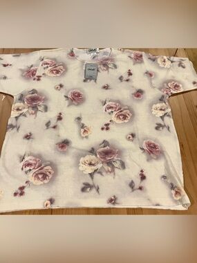 Gabriella T Floral Rose Print Sweater Top - Pink Cream Roses Vintage 2X 50% Wool